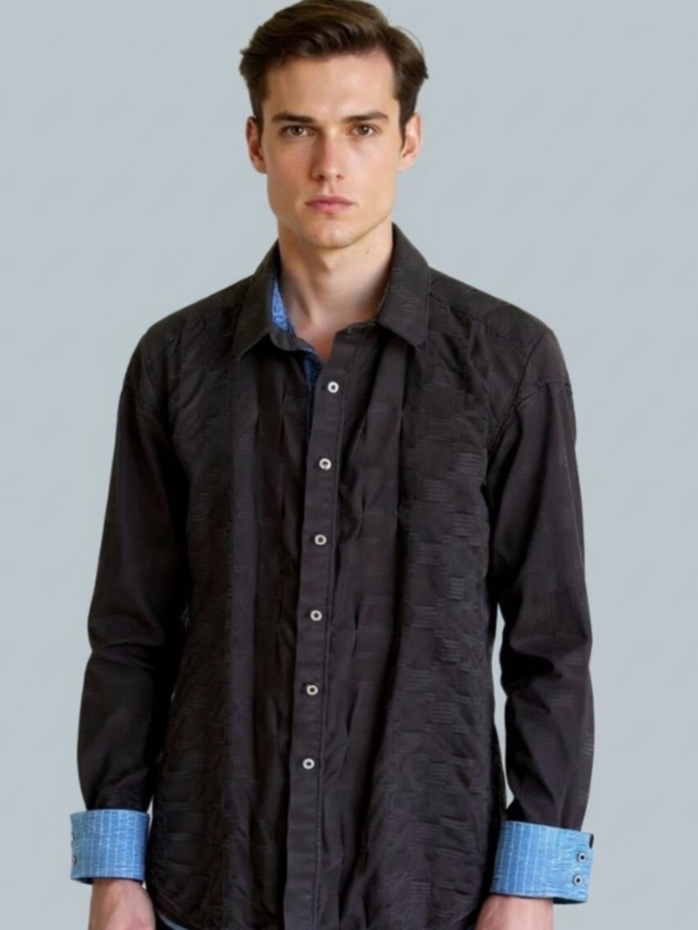 Robert Graham Textured Black Shirt Mens XL Button Up Long Sleeve Blue Flip Cuff
